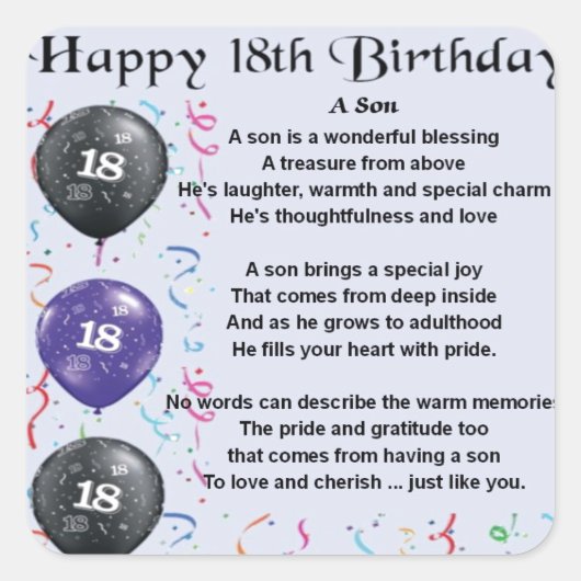 Son Poem 18th Birthday Vierkante Sticker (Voorkant)
