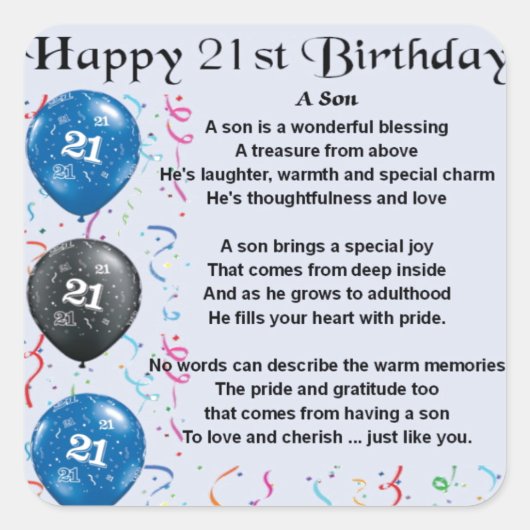 Son Poem - 21st Birthday Design Vierkante Sticker (Voorkant)