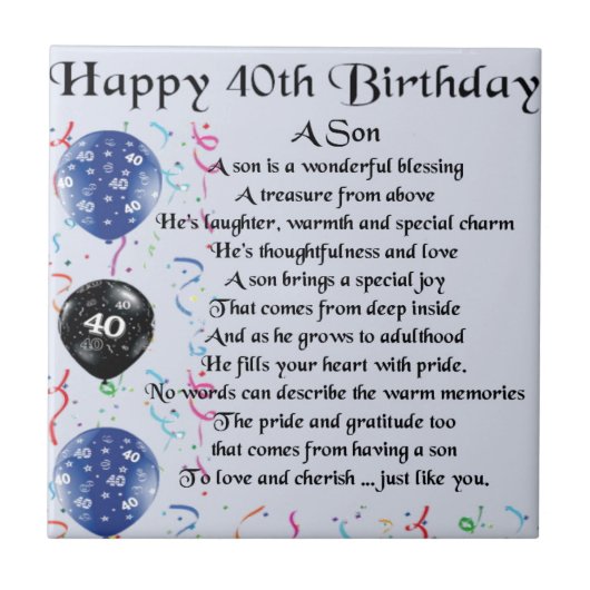 Son Poem - 40th Birthday Design Tegeltje (Voorkant)
