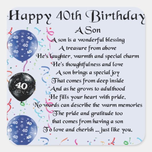 Son Poem - 40th Birthday Design Vierkante Sticker (Voorkant)