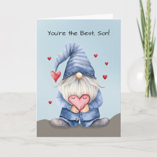 Son Valentijn Funny Gnome draagt denim Kaart (Voorkant)