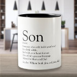 Son World's Best Ever Definition Modern Fun Tweekleurige Koffiemok<br><div class="desc">Geef uw speciale zoon of hijo een persoonlijk tintje om een uniek geschenk te creëer. Een perfecte manier om hem te shows hoe geweldig hij elke dag is. Ontworpen door: Thisnotme©</div>