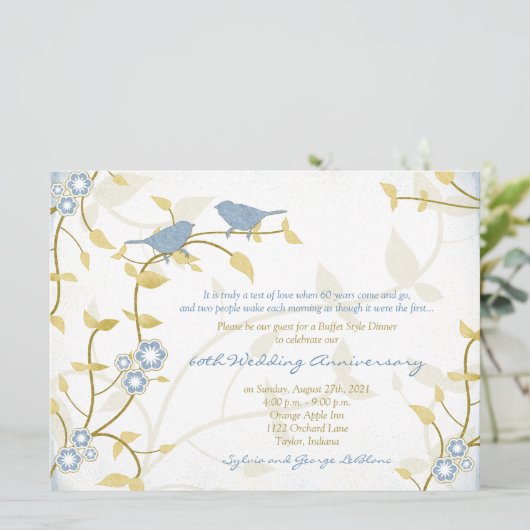 Song Birds Blue Gold Diamond Wedding Jubileum Kaart (Staand voorkant)