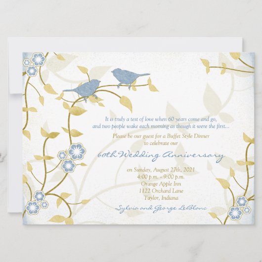 Song Birds Blue Gold Diamond Wedding Jubileum Kaart (Voorkant)