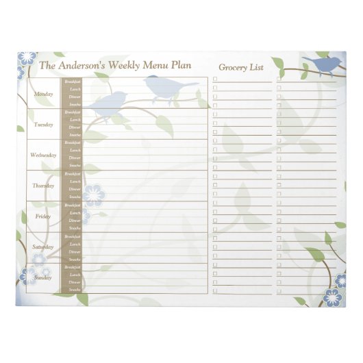 Song Birds Floral Weekly Personalized Meal Planner Notitieblok (Voorkant)
