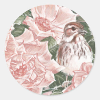 Song Sparrow en Roze Rozen Bloemen Schilderen Ronde Sticker