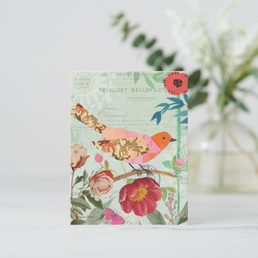 Songvogel met collage-stijl briefkaart (Staand voorkant)