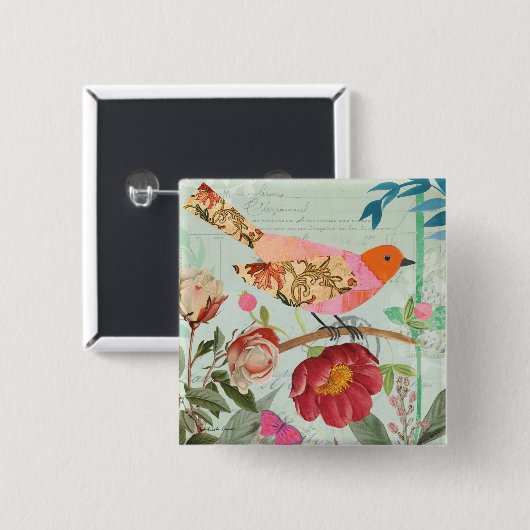 Songvogel met collage-stijl vierkante button 5,1 cm (Voorkant /achterkant)