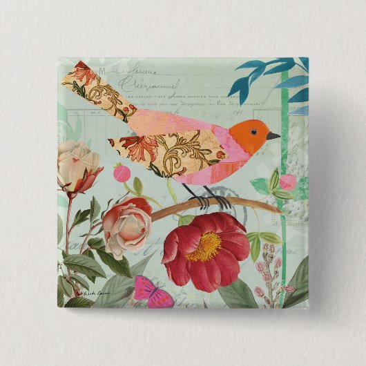 Songvogel met collage-stijl vierkante button 5,1 cm (Voorkant)