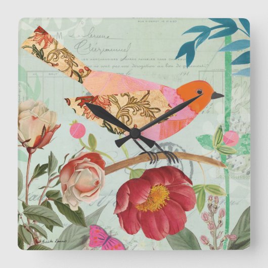 Songvogel met collage-stijl vierkante klok (Voorkant)