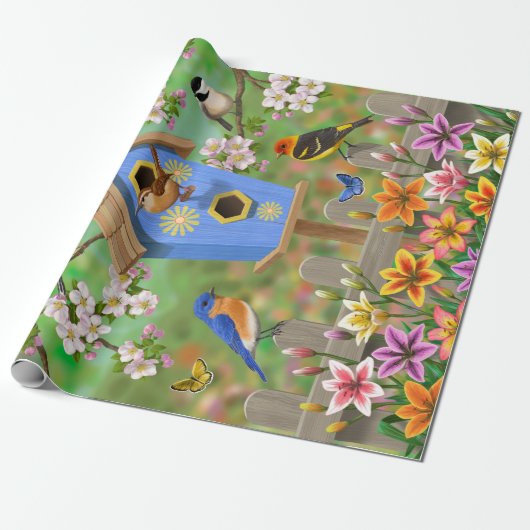 Songvogels Lily Garden Birdhouse Cadeaupapier (Uitgerold)