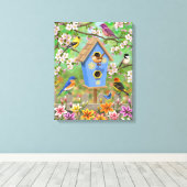 Songvogels Lily Garden Birdhouse Canvas Afdruk (Insitu (Houten vloer))