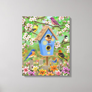 Songvogels Lily Garden Birdhouse Canvas Afdruk