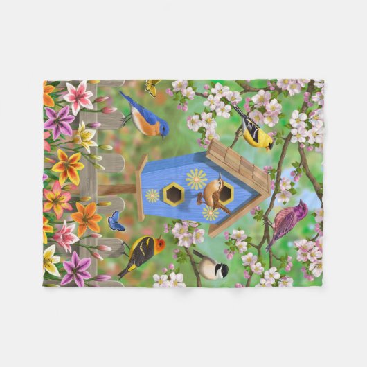 Songvogels Lily Garden Birdhouse Fleece Deken (Voorkant (Horizontaal))