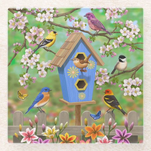 Songvogels Lily Garden Birdhouse Glazen Onderzetter (Voorkant)