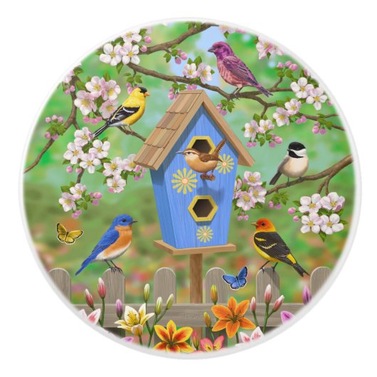 Songvogels Lily Garden Birdhouse Keramische Knop (Voorkant)