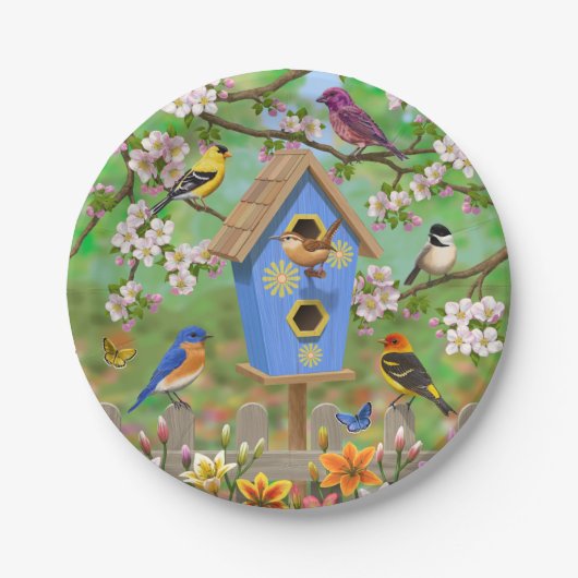 Songvogels Lily Garden Birdhouse Papieren Bordje (Voorkant)