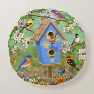 Songvogels Lily Garden Birdhouse Rond Kussen