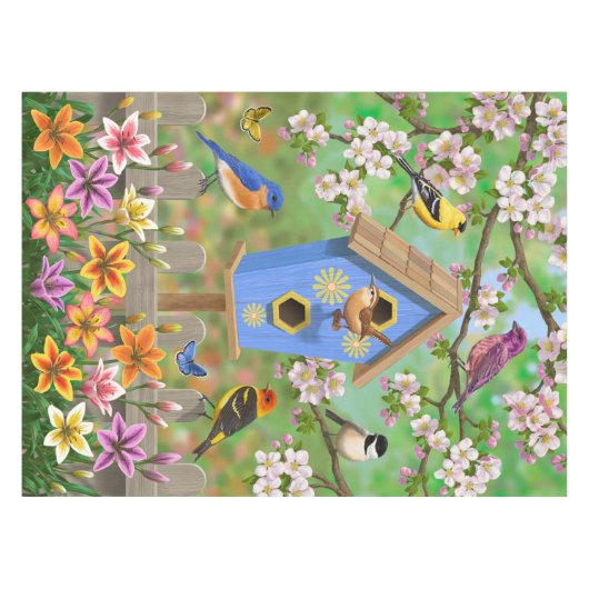 Songvogels Lily Garden Birdhouse Tafelkleed (Voorkant (Horizontaal))