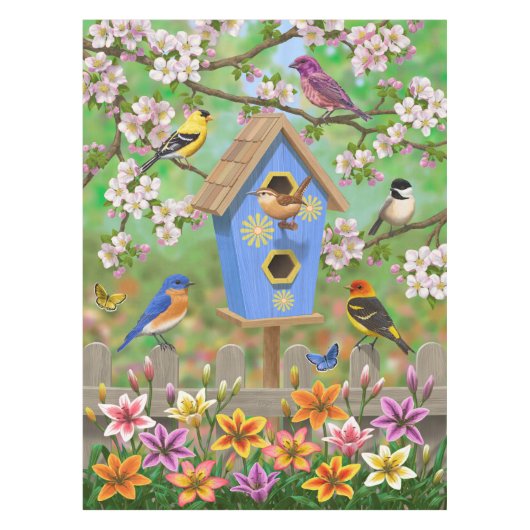 Songvogels Lily Garden Birdhouse Tafelkleed (Voorkant)