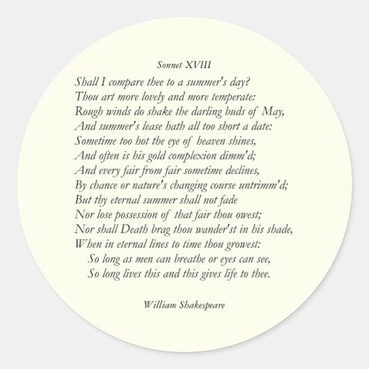 Sonnet # 18 van William Shakespeare Ronde Sticker (Voorkant)