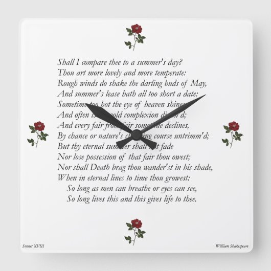 Sonnet # 18 van William Shakespeare Vierkante Klok (Voorkant)