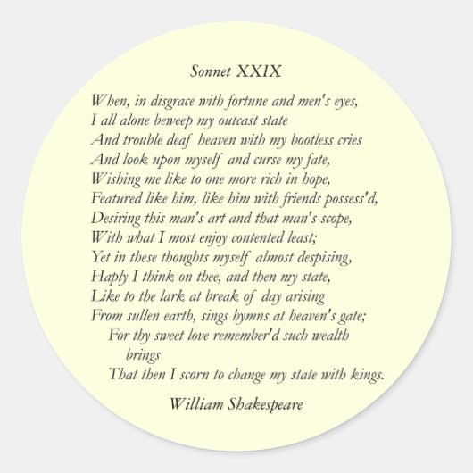 Sonnet # 29 van William Shakespeare Ronde Sticker (Voorkant)