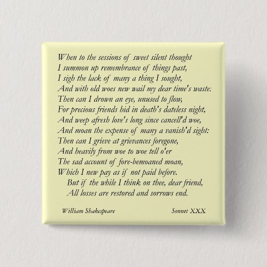 Sonnet # 30 van William Shakespeare Vierkante Button 5,1 Cm (Voorkant)