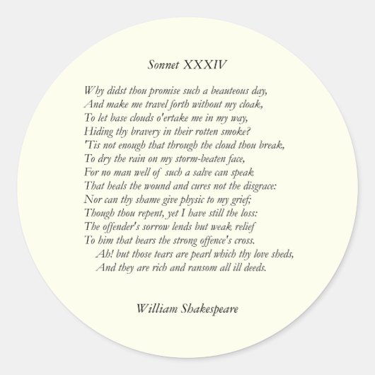 Sonnet # 34 van William Shakespeare Ronde Sticker (Voorkant)
