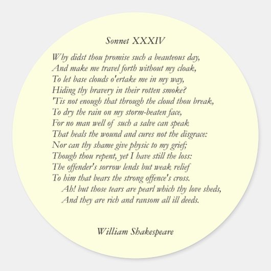 Sonnet # 34 van William Shakespeare Ronde Sticker (Voorkant)
