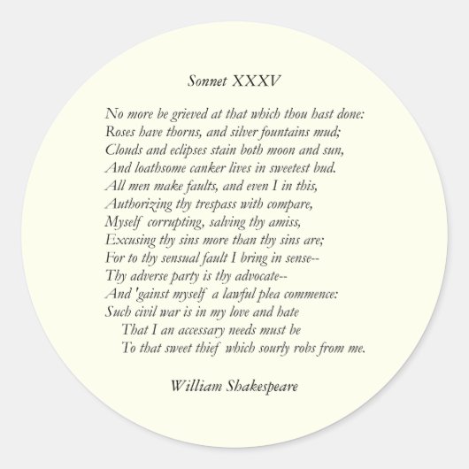 Sonnet # 35 door William Shakespeare Ronde Sticker (Voorkant)