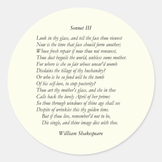 Sonnet # 3 van William Shakespeare Ronde Sticker (Voorkant)
