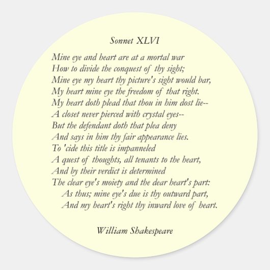 Sonnet # 46 van William Shakespeare Ronde Sticker (Voorkant)