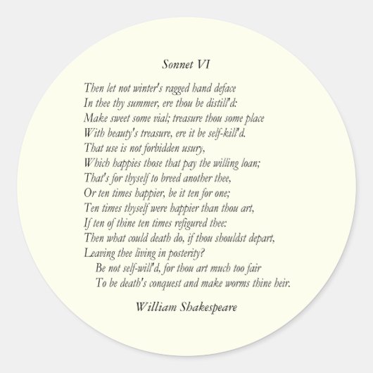 Sonnet # 6 van William Shakespeare Ronde Sticker (Voorkant)