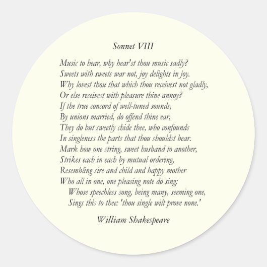 Sonnet # 8 van William Shakespeare Ronde Sticker (Voorkant)