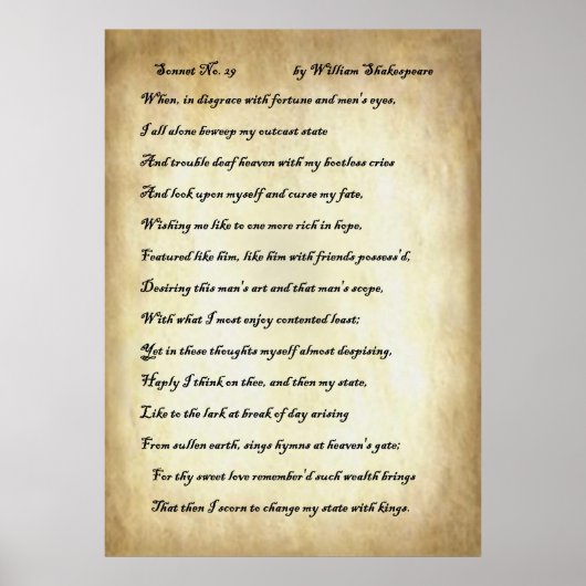 Sonnet No. 29 van William Shakespeare Poster (Voorkant)
