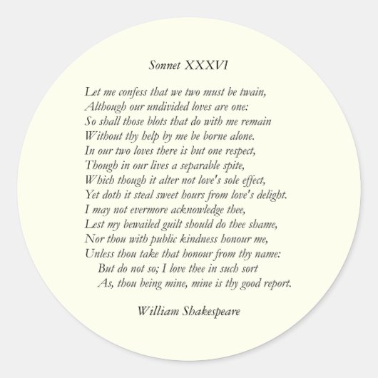 Sonnet Nummer 36 van William Shakespeare Ronde Sticker (Voorkant)