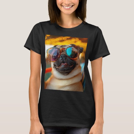 Sonniger Mops am Strand T-shirt (Voorkant)