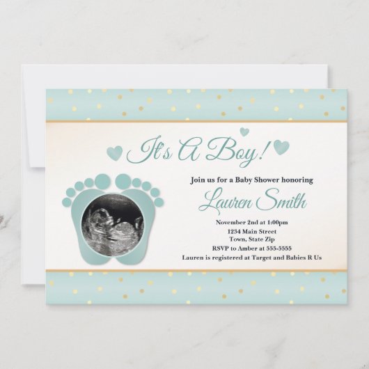 Sonogram Baby shower Invitation Boy, Blue Toes Kaart (Voorkant)