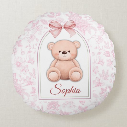 Sophia | Aangepaste Roze Teddybeer Nursery Design Rond Kussen (Voorkant)