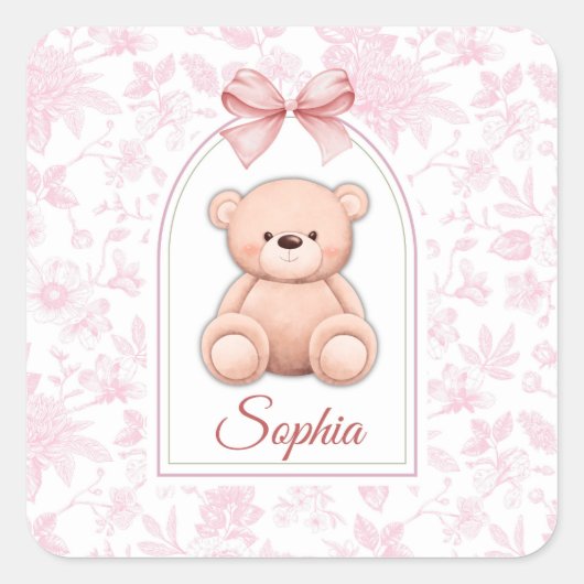 Sophia | Aangepaste Roze Teddybeer Nursery Design Vierkante Sticker (Voorkant)