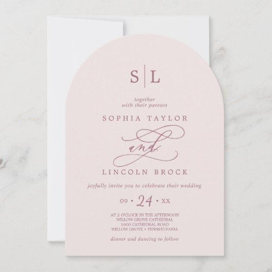 SOPHIA Arch Monogram Bourgondië en Blush Wedding Kaart (Voorkant)