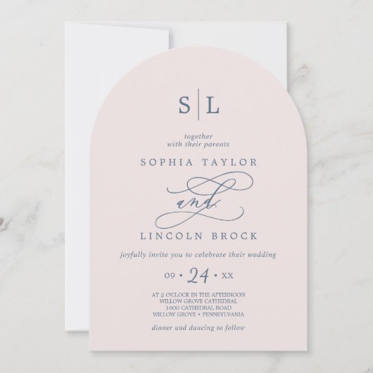 SOPHIA Arch Monogram Roze Blush en Navy Wedding Kaart (Voorkant)