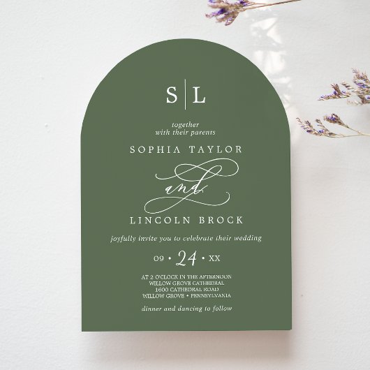 SOPHIA Arch Monogram Woodland Olijfgroen Huwelijk Kaart
