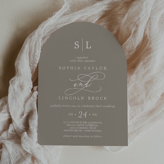 SOPHIA Arch Rustic Taupe Elegant Monogram Huwelijk Kaart