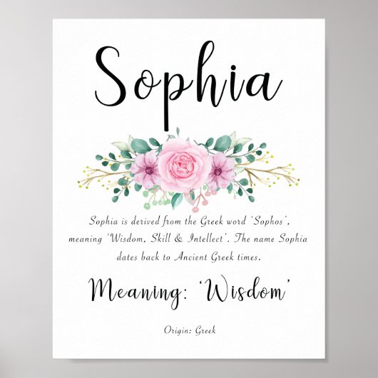 Sophia betekent Afdrukken met Roze bloemen 8x10 Poster (Voorkant)