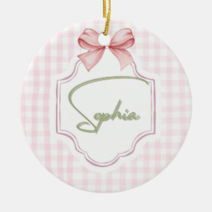 Sophia Gepersonaliseerde Roze Bow & Gingham Print Keramisch Ornament