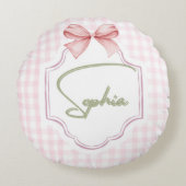 Sophia Gepersonaliseerde Roze Bow & Gingham Print Rond Kussen (Voorkant)