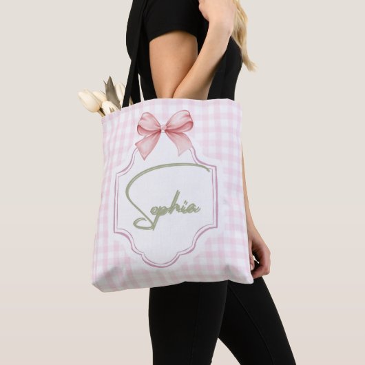 Sophia Gepersonaliseerde Roze Bow & Gingham Print Tote Bag (Dichtbij)