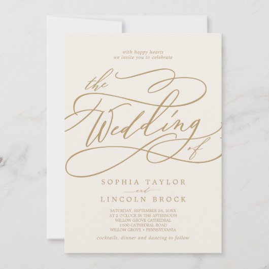 SOPHIA Gold Cream Elegant Fancy Script Wedding Kaart (Voorkant)